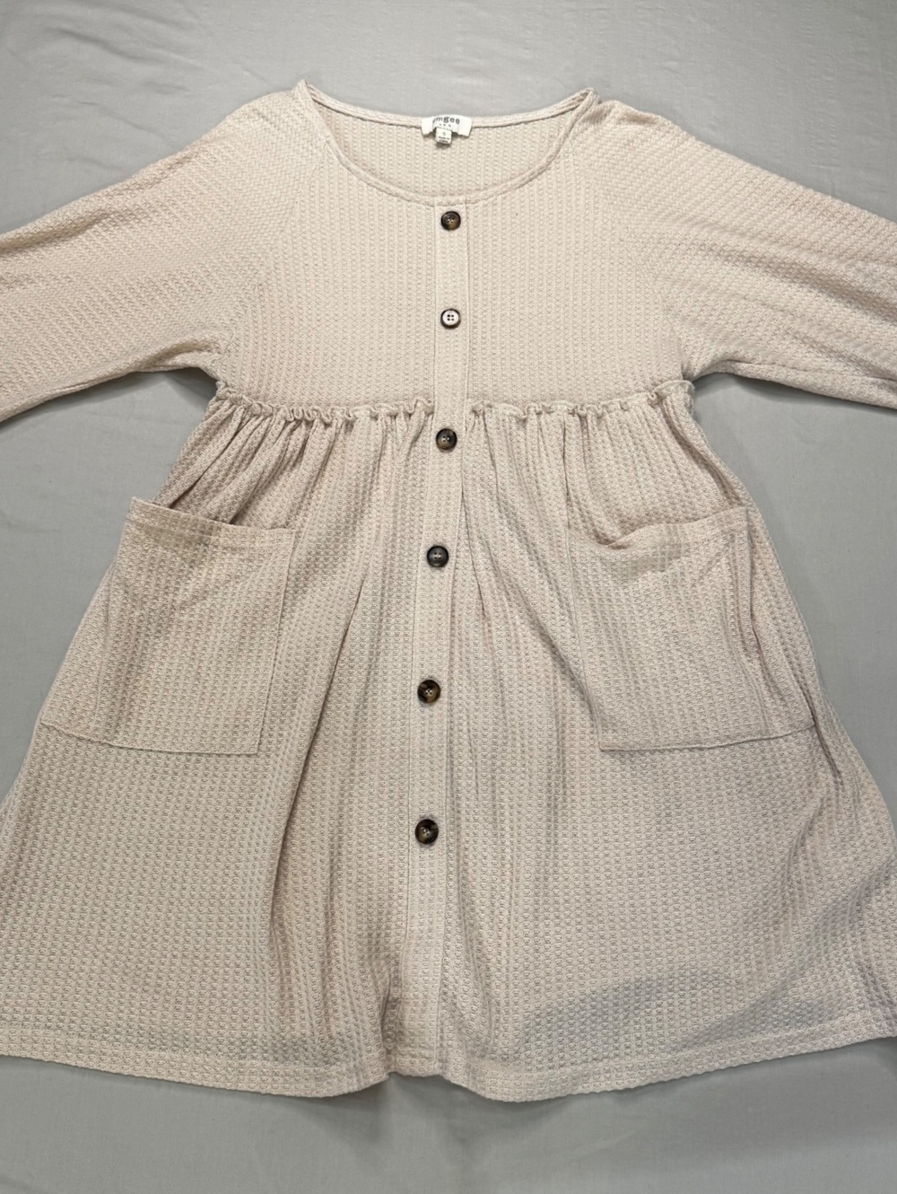 Umgee Women’s Textured Knit Button Front Babydoll Dress Cream Beige Size 4